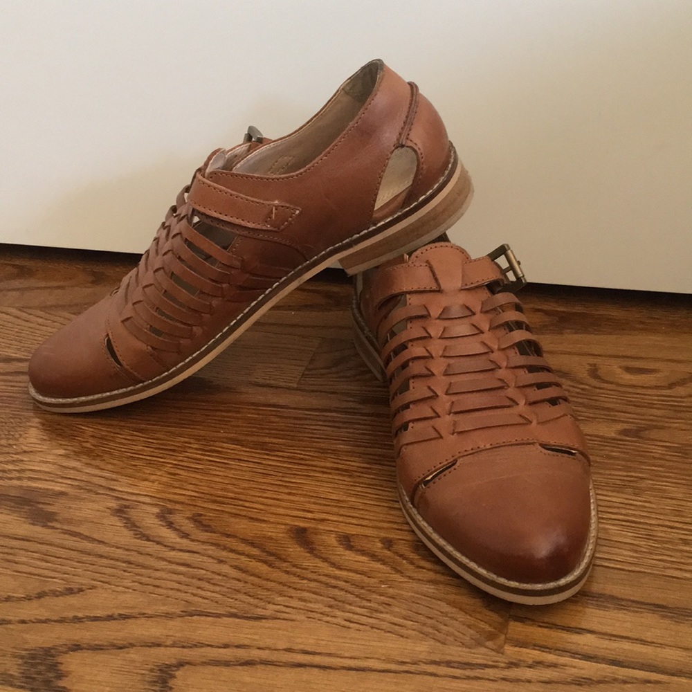 Tan huarache style loafers